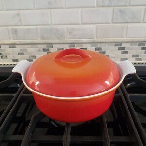 Vintage Descoware Flame Orange Enamel Cast Iron 2QT Dutch Oven Casserole Belgium